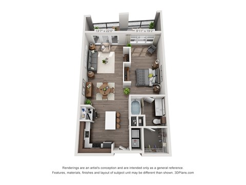 Floor plan for 1 bed, 1 bath, 835 sqft